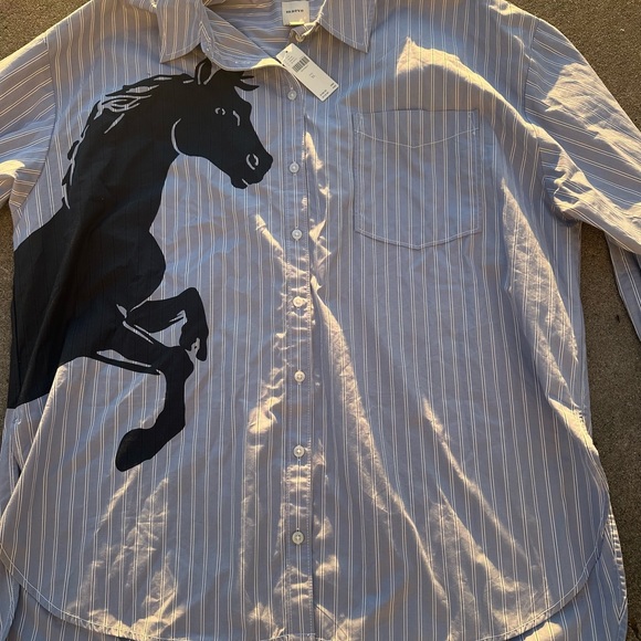 Maeve For Anthropologie Oversized Equestrian Blue Striped Button Up Top Size XL - Picture 3 of 9